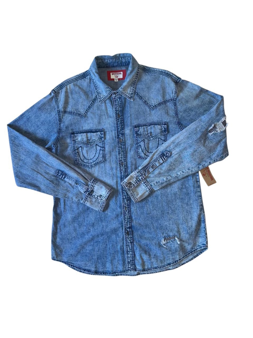 True Religion Mens 3XL Western Blue Denim Jean Jacket Distressed Ocean Tide
